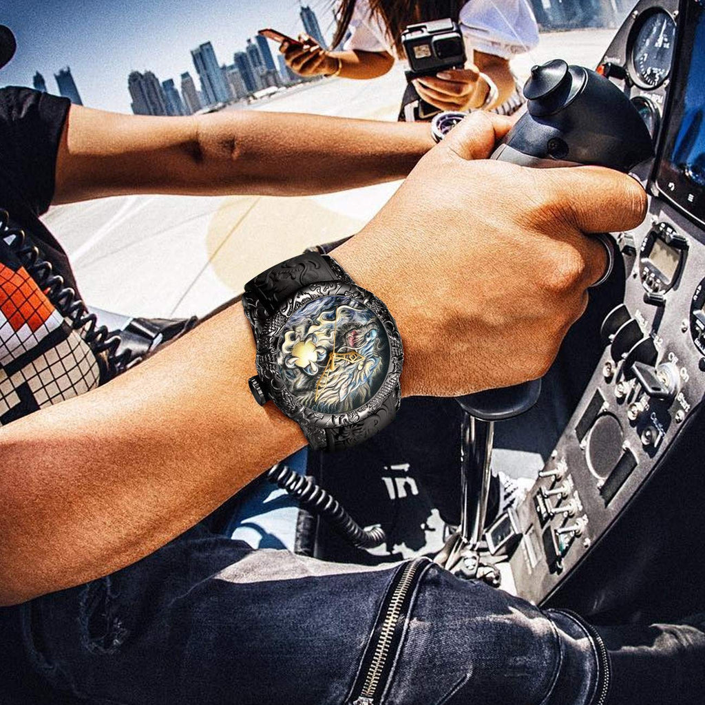 MASTOP Men's Fashion Big Dial Watches 3D Sculpture Dragon Luxury Men Quartz Watches Exquisite Creative Watch