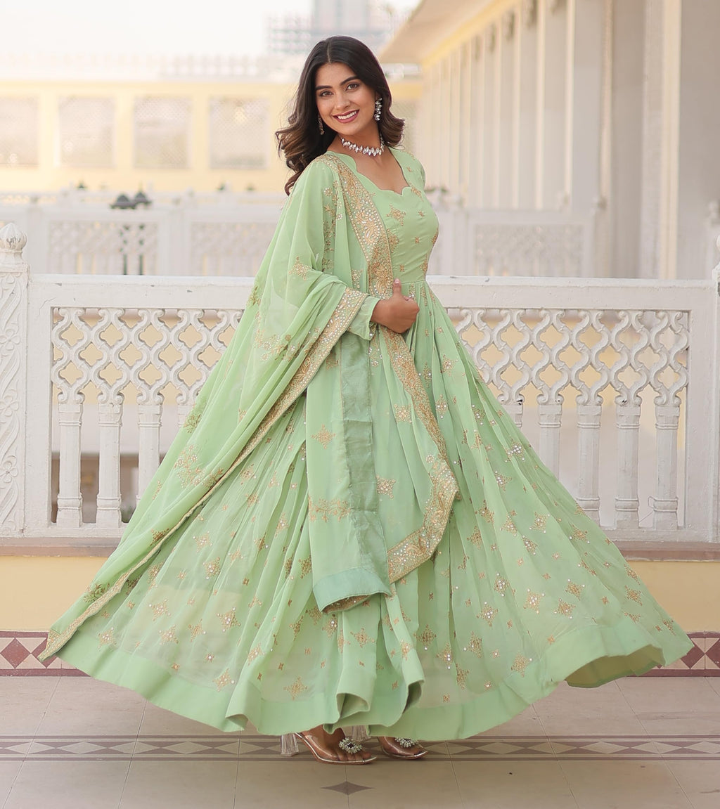 Fashion Basket Havy Georgette Embroidered Anarkali Dress For Women Green
