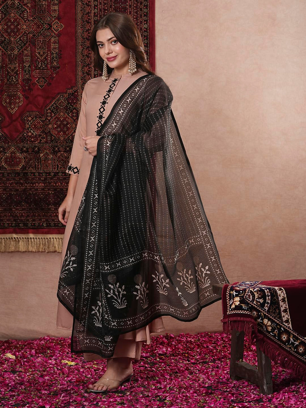 ANNI DESIGNER Womens Cotton Blend Straight Solid Kurta with Pant & Dupatta (PRABITA Beige_XL_Beige_X-Large)