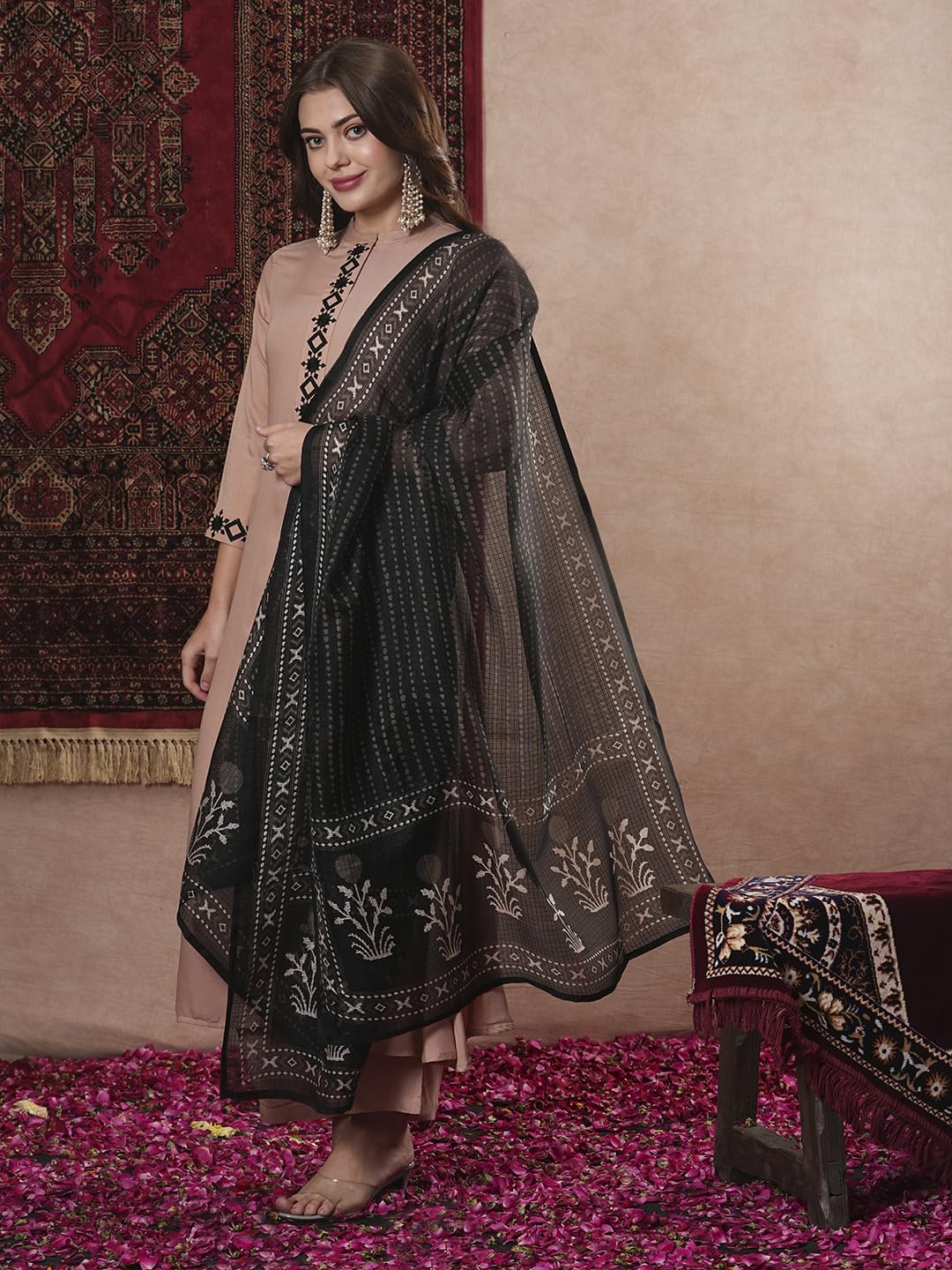 ANNI DESIGNER Womens Cotton Blend Straight Solid Kurta with Pant & Dupatta (PRABITA Beige_XL_Beige_X-Large)