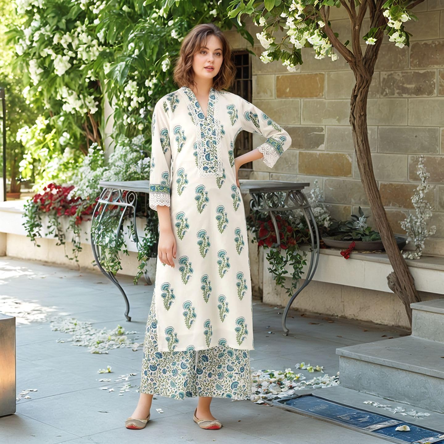 ANNI DESIGNER Womens Rayon Viscose Straight Printed Kurta with Palazzo (Kumbh White_S_White_Small)