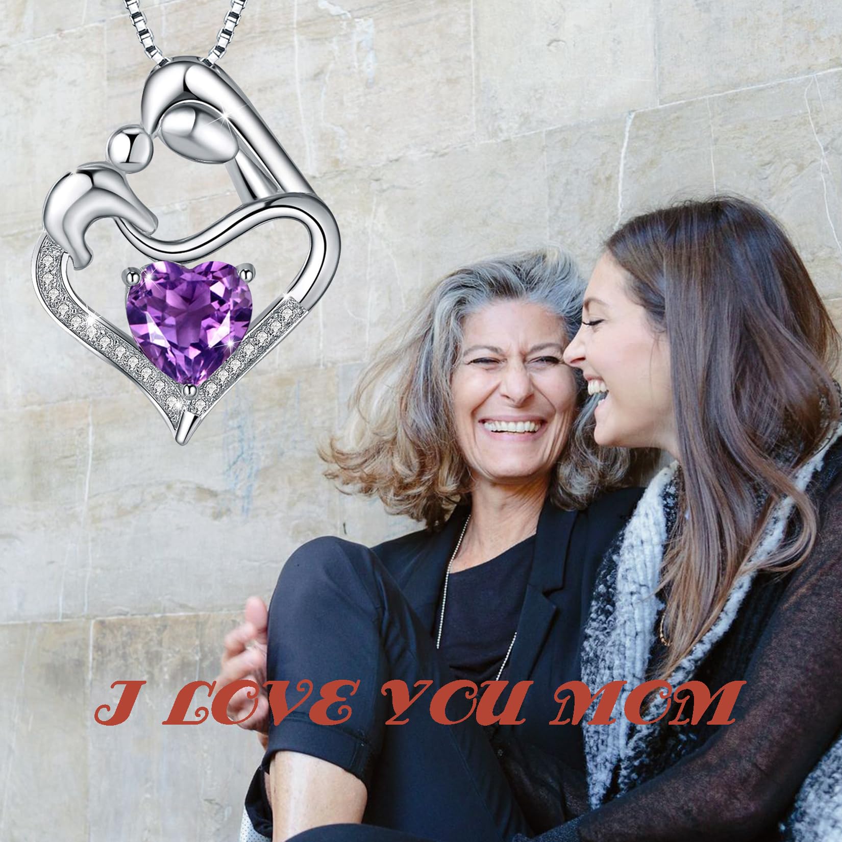 ABBGIABBW 925 Sterling Silver Purple Birthstone Mother Daughter Love Heart Pendant Necklace Mother Daughter Jewelry Christmas fo