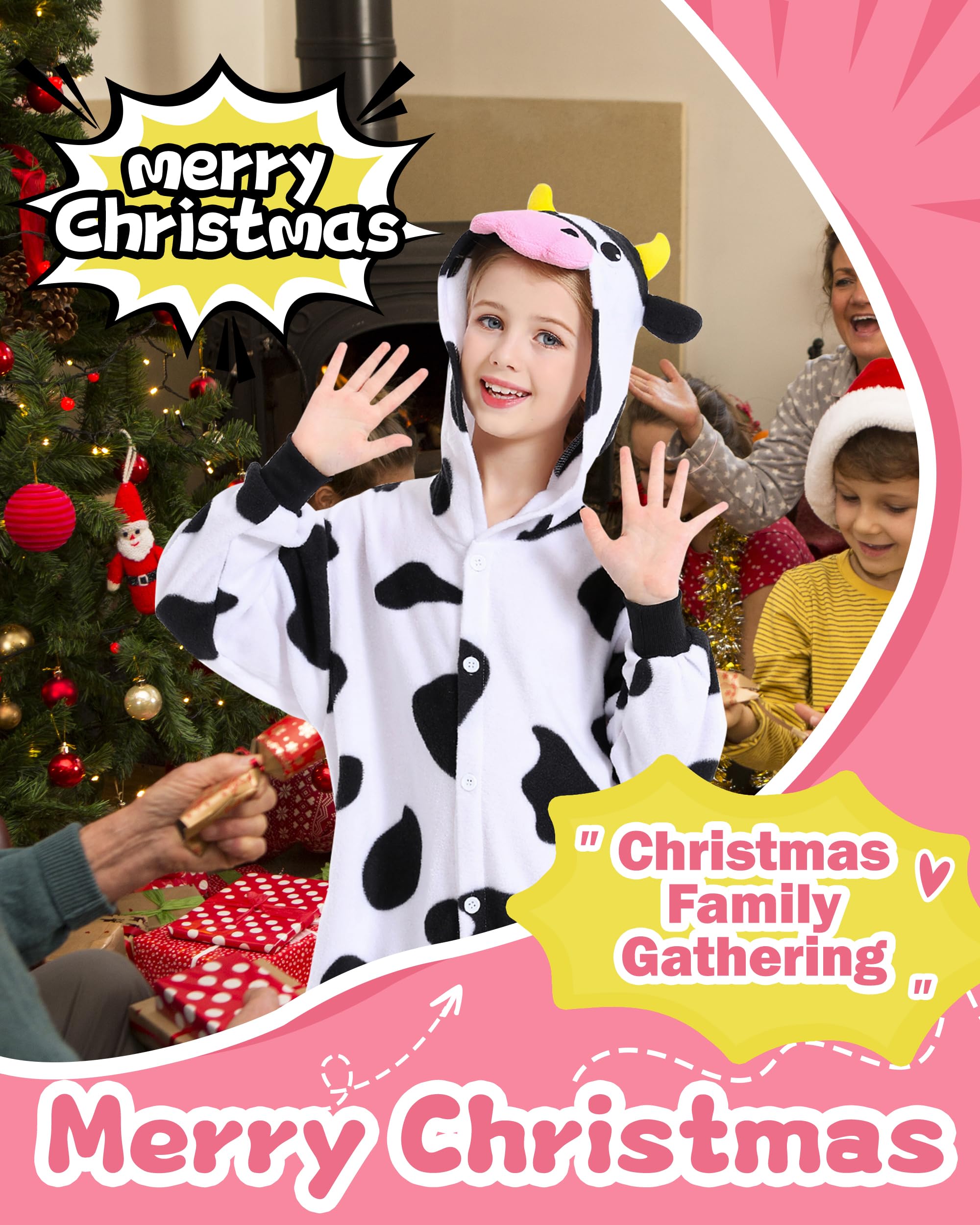 CANASOUR Kids Cow Onesie Farm Animal Halloween Cosplay Costume for 6-8 Years Girls Unisex Outfuit One Piece Hooded Soft Pajamas