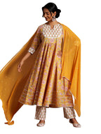 Libas Yellow Printed Cotton Anarkali Kurta With Trousers & Dupatta