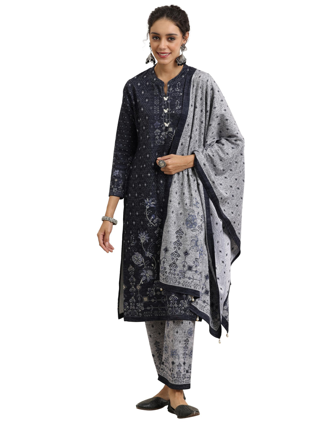 Libas Womens Printed Wool Straight Kurta With Trousers And Dupatta