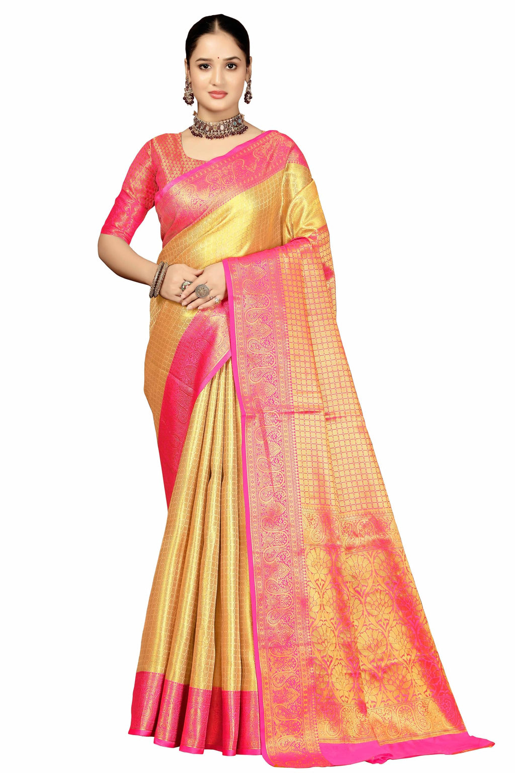 Sugathari WomenS Gold And Pink Kanjivaram Banarasi Silk Saree For Patola Festival Wedding Silk With Rich Pallu Design Sarees Fo