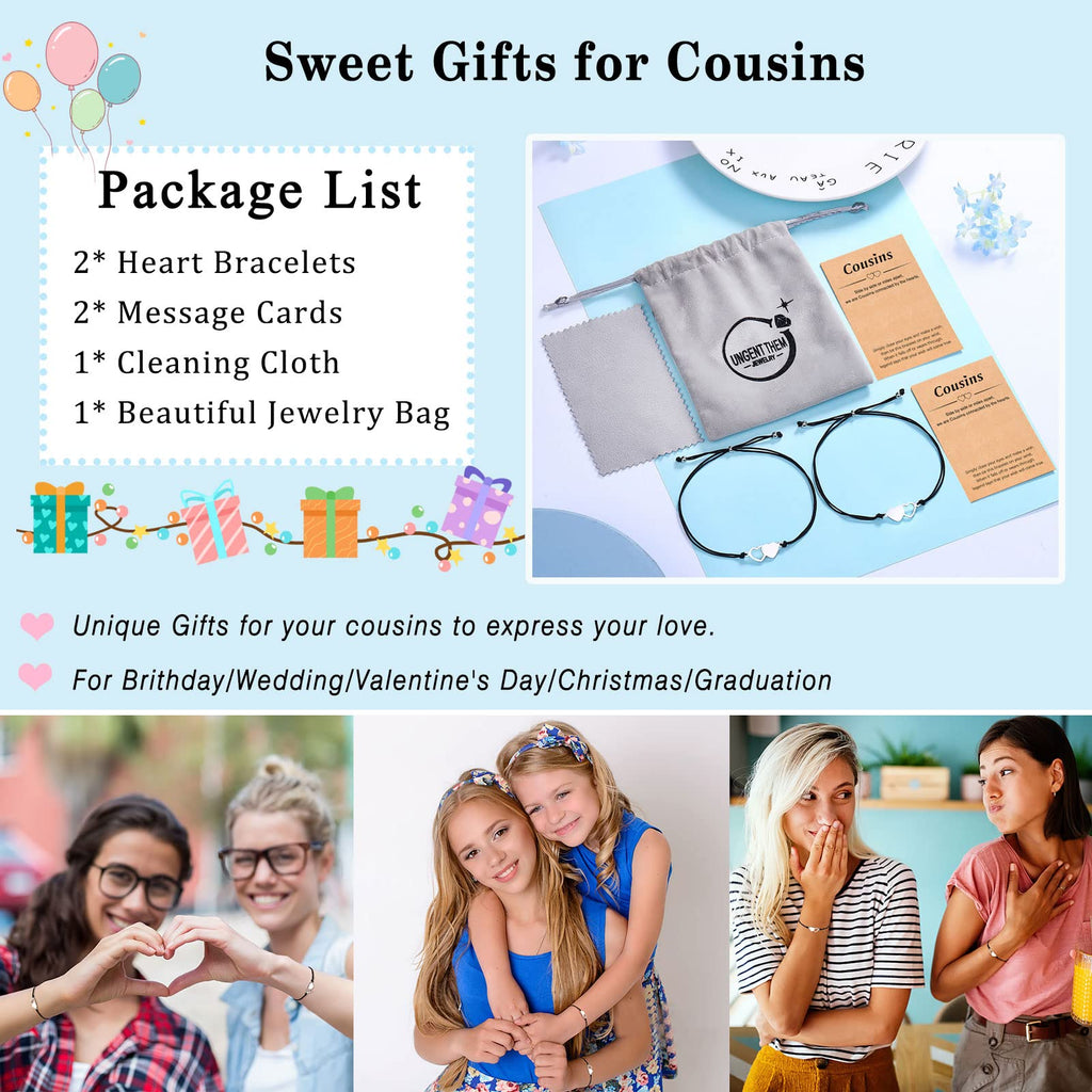 UNGENT THEM Cousin Gifts for Women Christmas Birthday Gifts Matching Heart Cousins Bracelets for 2