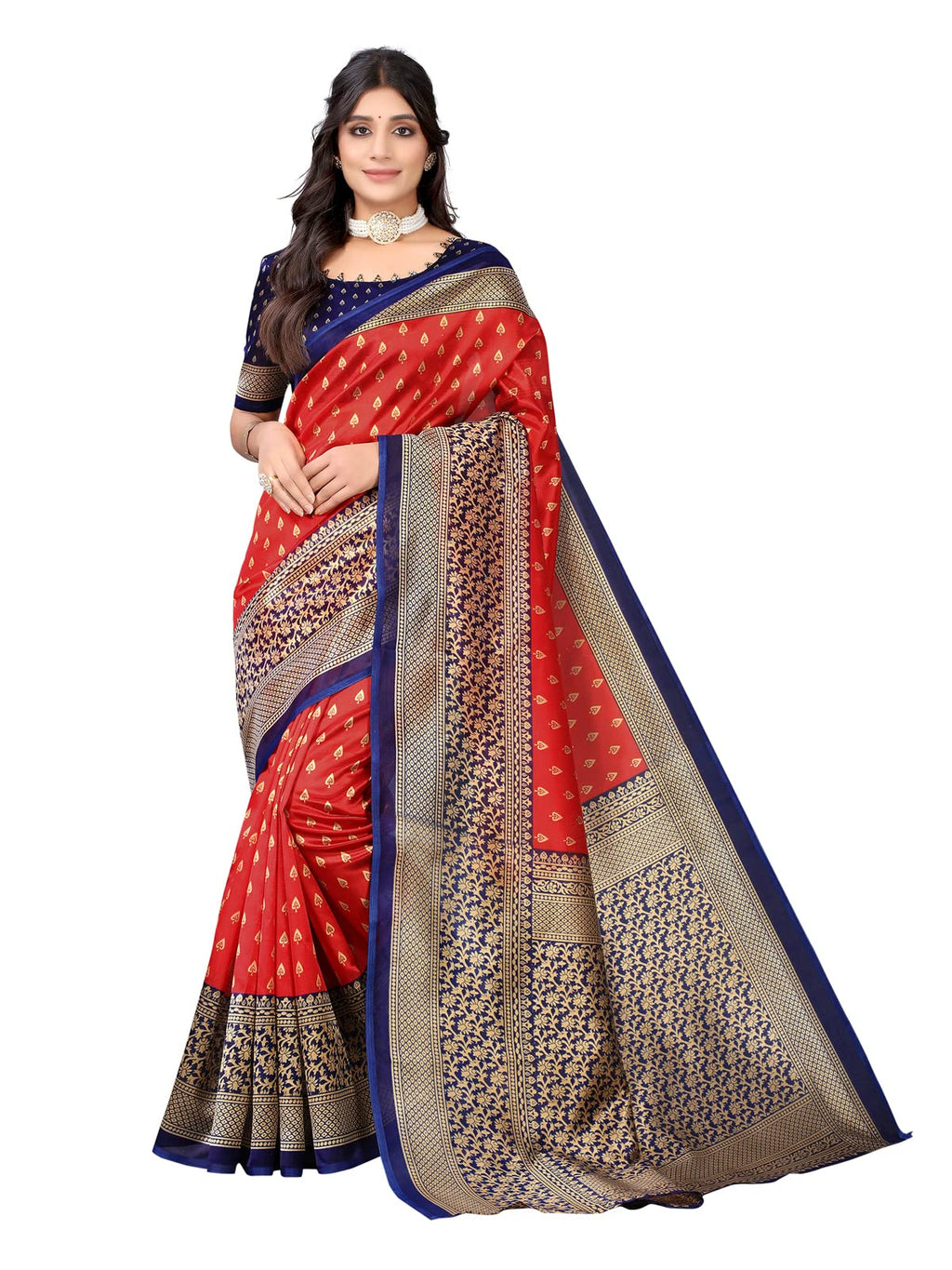 Satrani Womens Printed Poly Silk Saree with Unstitched Blouse Piece(2438ST892_Red1)