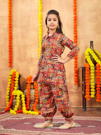 Aarika Girls Ethnic Wear Red Colour Abstract Printed Cotton Kurti Patiala Set With Belt (4-10 Years)