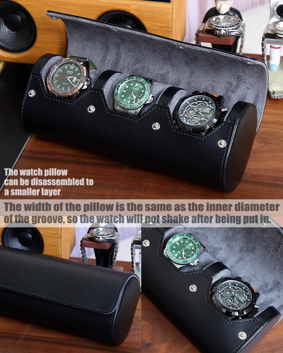 Besforu watch box organizer for mens watch case travel roll Portable 3 Watch Display Storage with Velvet Sections to Holder Larg