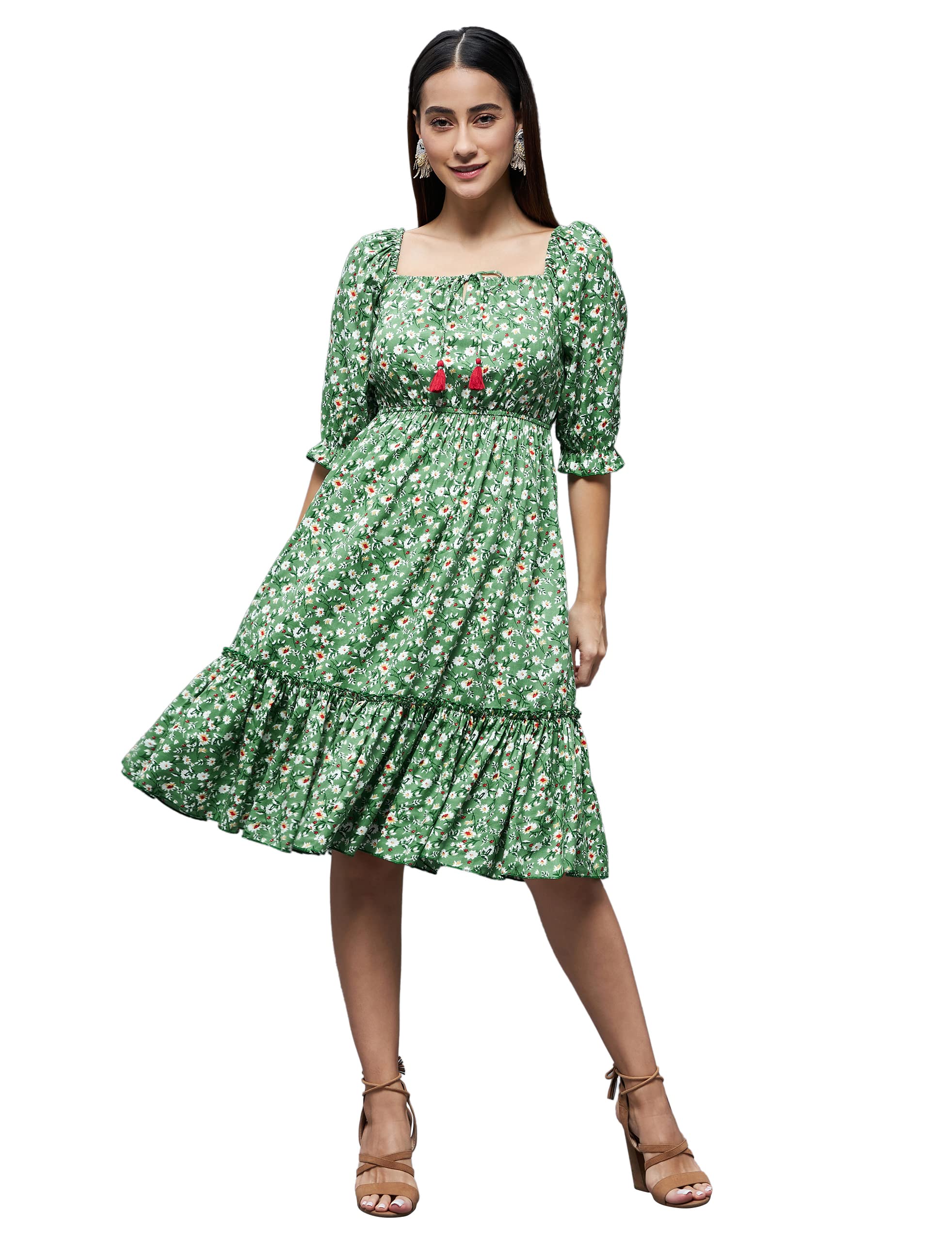 Miss Chase Womens Green Floral Square Neck 3/4 Sleeve Ruffled Knee Length Dress (MCSS22D16-16-48-05, Green, L)