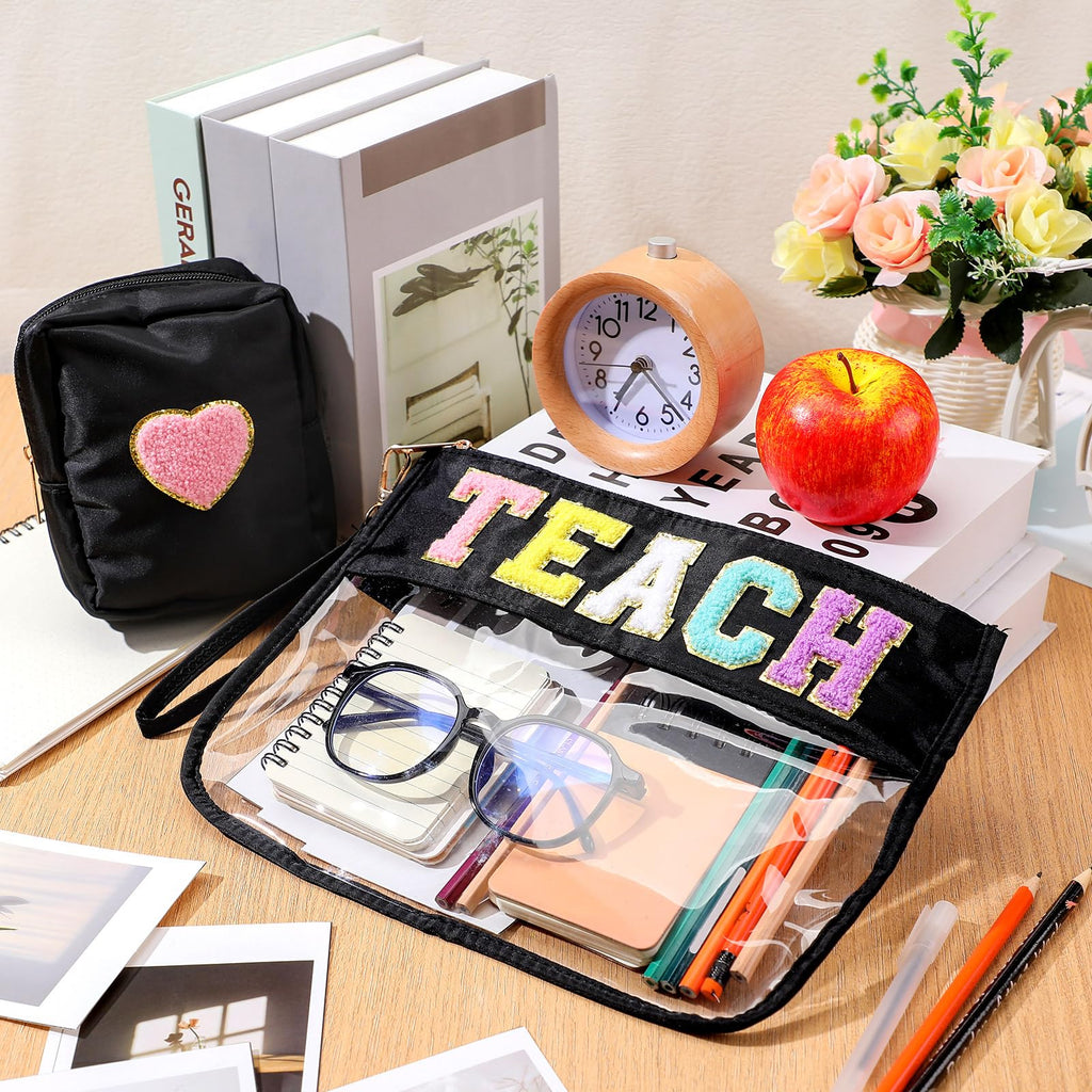 Hillban 2 Pcs Teacher Gifts Chenille Letter Bags Preppy Patch Makeup Bag Flat Clear Pouch PVC Organizer Purse Waterproof Travel