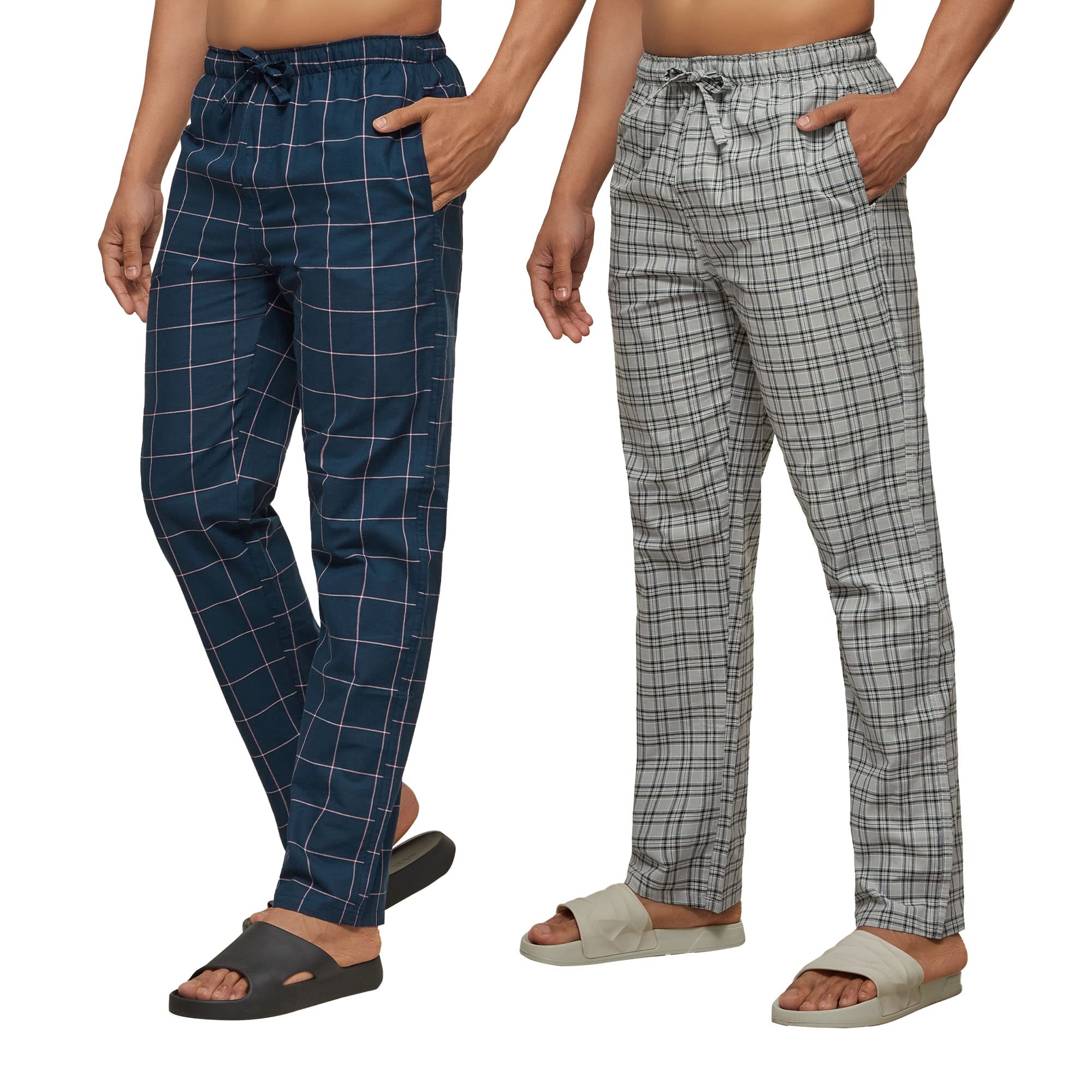XYXX Mens Super Combed Cotton Checkered Checkmate Pyjamas [Pack of 2] Elasticated Waist, Drawstring | Loungewear for Men in Pin