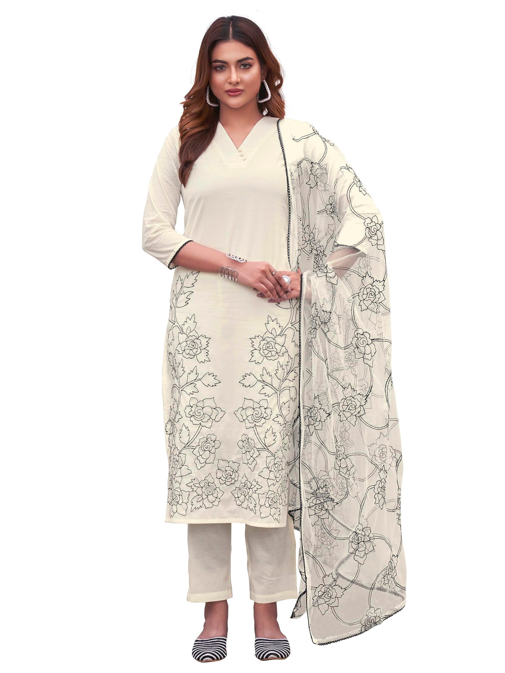 Womanista Womens Pure Cotton Solid Straight Embroidered Kurta Set (Kurtaset_1389_White