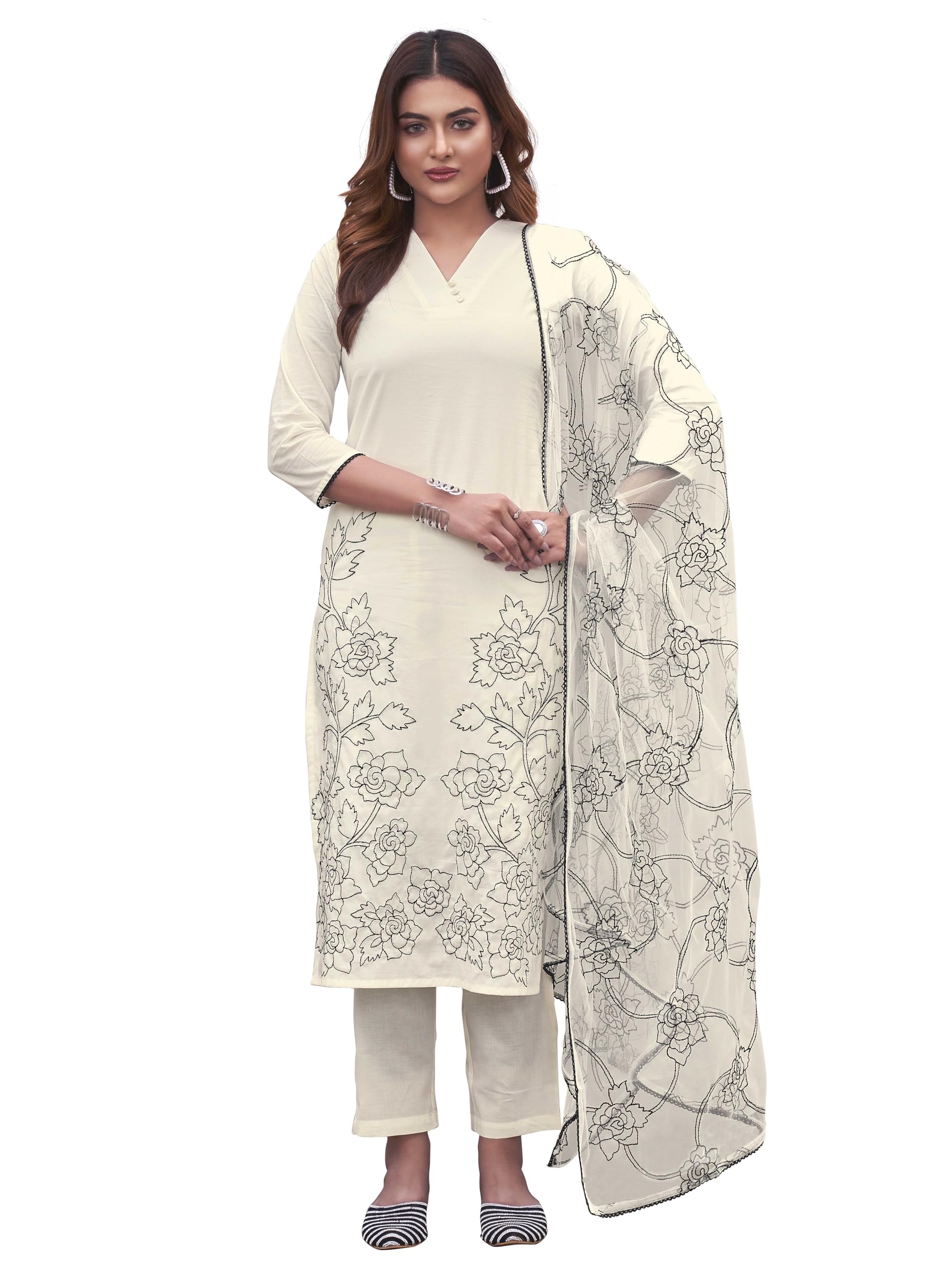 Womanista Womens Pure Cotton Solid Straight Embroidered Kurta Set (Kurtaset_1389_White