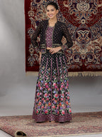 Aurelia Womens Pink Geometric Printed Sleeveless Top, Black Sheer Jacket and Flared Skirt Set