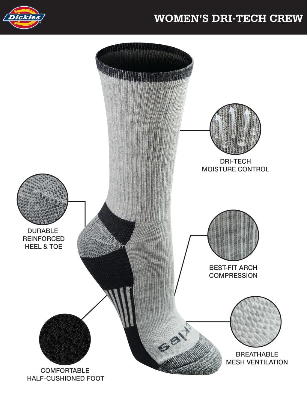 Dickies Women's Dri-Tech Essential Moisture Control Crew Socks, Available in S-XL (6, 12, Grey Assorted (6 Pairs), Medium