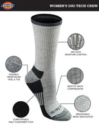 Dickies Women's Dri-Tech Essential Moisture Control Crew Socks, Available in S-XL (6, 12, Grey Assorted (6 Pairs), Medium