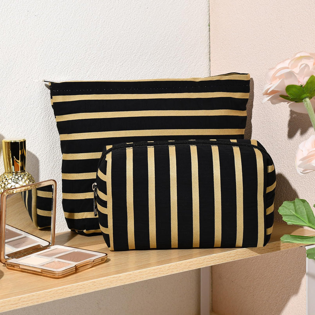 SOIDRAM 2 Pieces Makeup Bag Large Stripe Cosmetic Bag Capacity Canvas Mix Travel Toiletry Bag Organizer Cute Makeup Brushes Aest