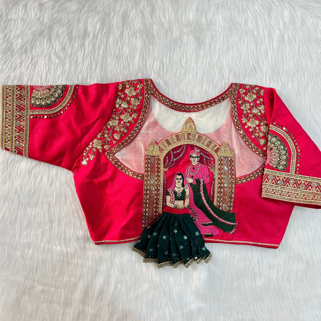 Pujia Mills Womens Heavy Milan Silk Codding Sequins Handwork Half Sleeve Pink Color Blouse Womens Bridal Blouse Readymade Heavy Work Embroidery Readymade Saree Blouse for Women