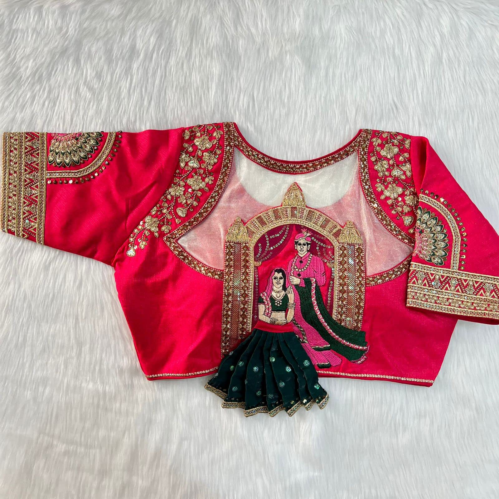 Pujia Mills Womens Heavy Milan Silk Codding Sequins Handwork Half Sleeve Pink Color Blouse Womens Bridal Blouse Readymade Heavy Work Embroidery Readymade Saree Blouse for Women
