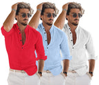 Bellstone Mens Cotton Blend Solid Regular Dress Shirt (KURTA1600_Triple_RED-Sky-White_L)