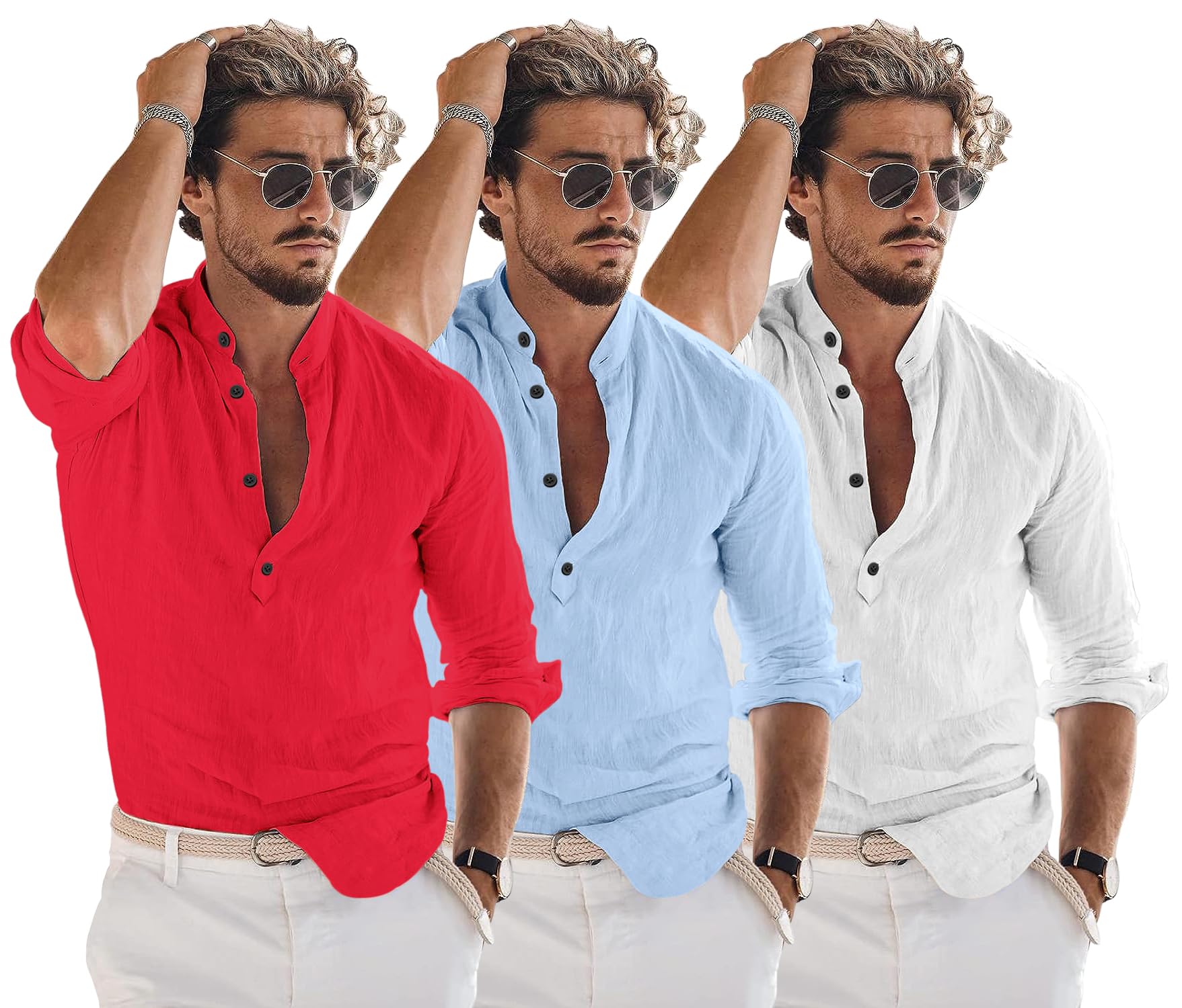 Bellstone Mens Cotton Blend Solid Regular Dress Shirt (KURTA1600_Triple_RED-Sky-White_L)