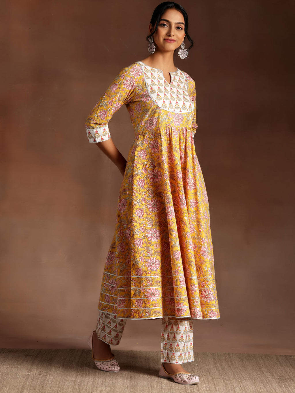 Libas Yellow Printed Cotton Anarkali Kurta With Trousers & Dupatta