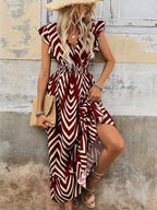 Shasmi WomenS Rayon Maxi Ruffled Hem And Belted Waist (V-Neck Striped Printed Dress 140_Maroon