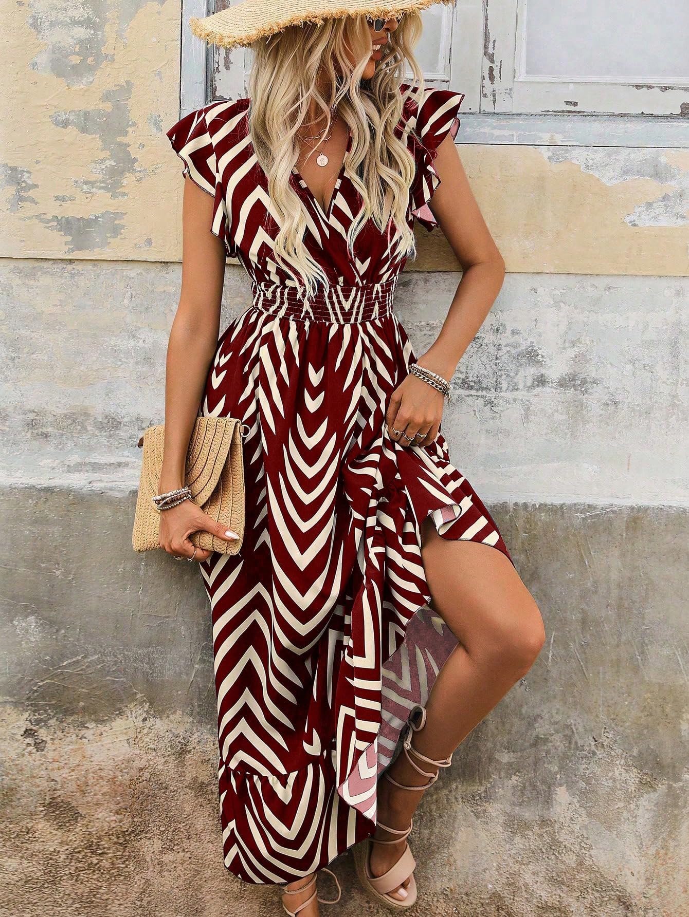 Shasmi WomenS Rayon Maxi Ruffled Hem And Belted Waist (V-Neck Striped Printed Dress 140_Maroon