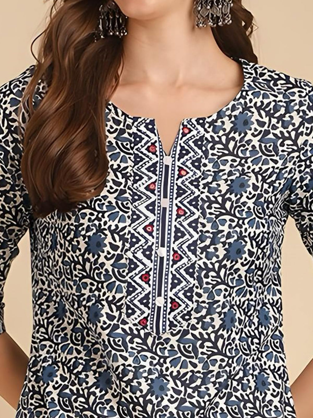 Rangita Blue Cotton Knee Length Embellished Straight Kurti | Kurta For Women