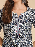 Rangita Blue Cotton Knee Length Embellished Straight Kurti | Kurta For Women