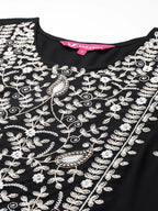 Varanga Women Black Round Neck Thread Embroidered Kurta Paired With Bottom And Dupatta