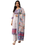 Libas Womens Printed Linen Straight Kurta With Trousers And Dupatta
