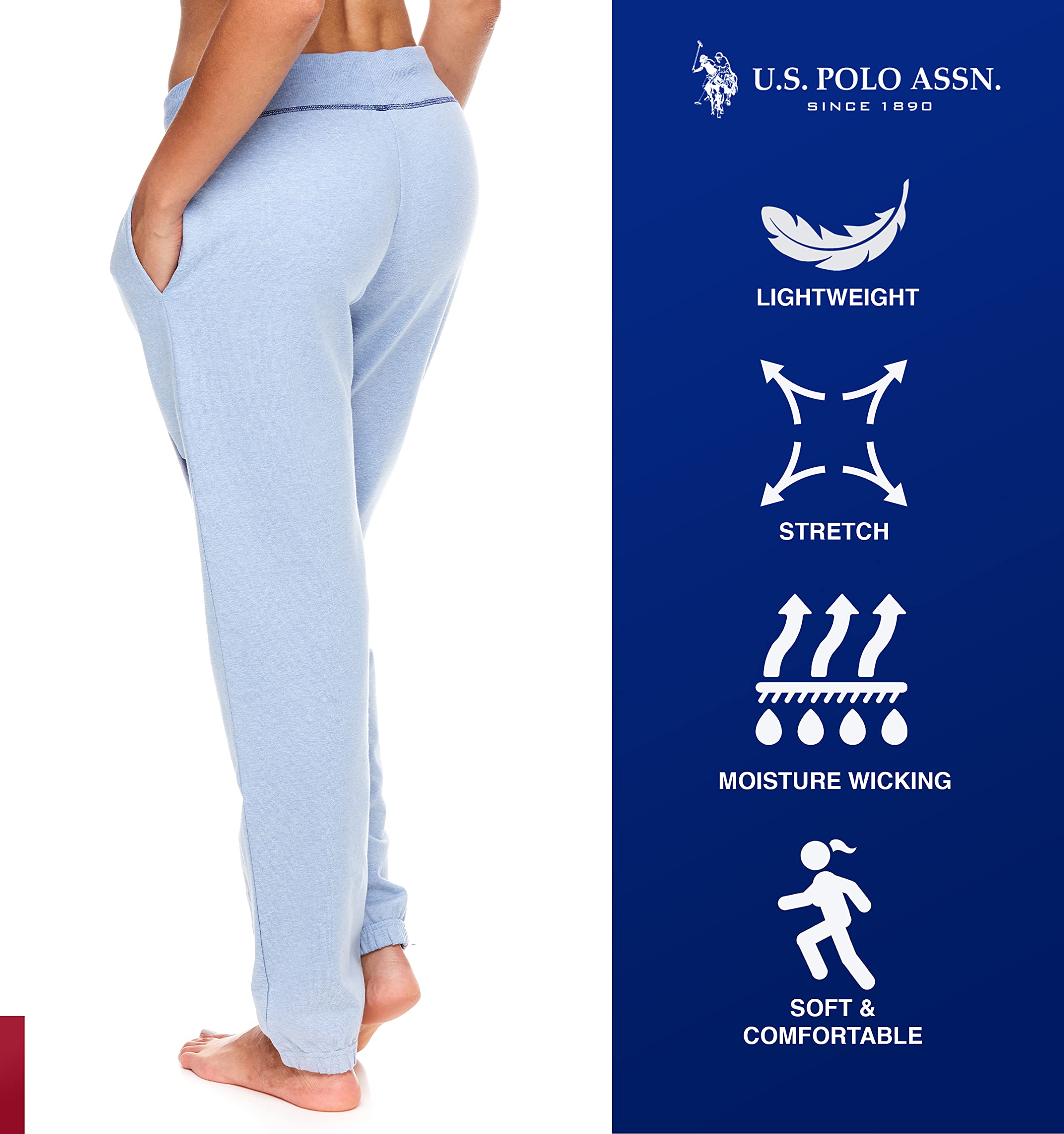 U.S. Polo Assn. Essentials Womens Lounge Pants with Pockets, French Terry Sweatpants for Women (Blue Yonder Heather, Large)