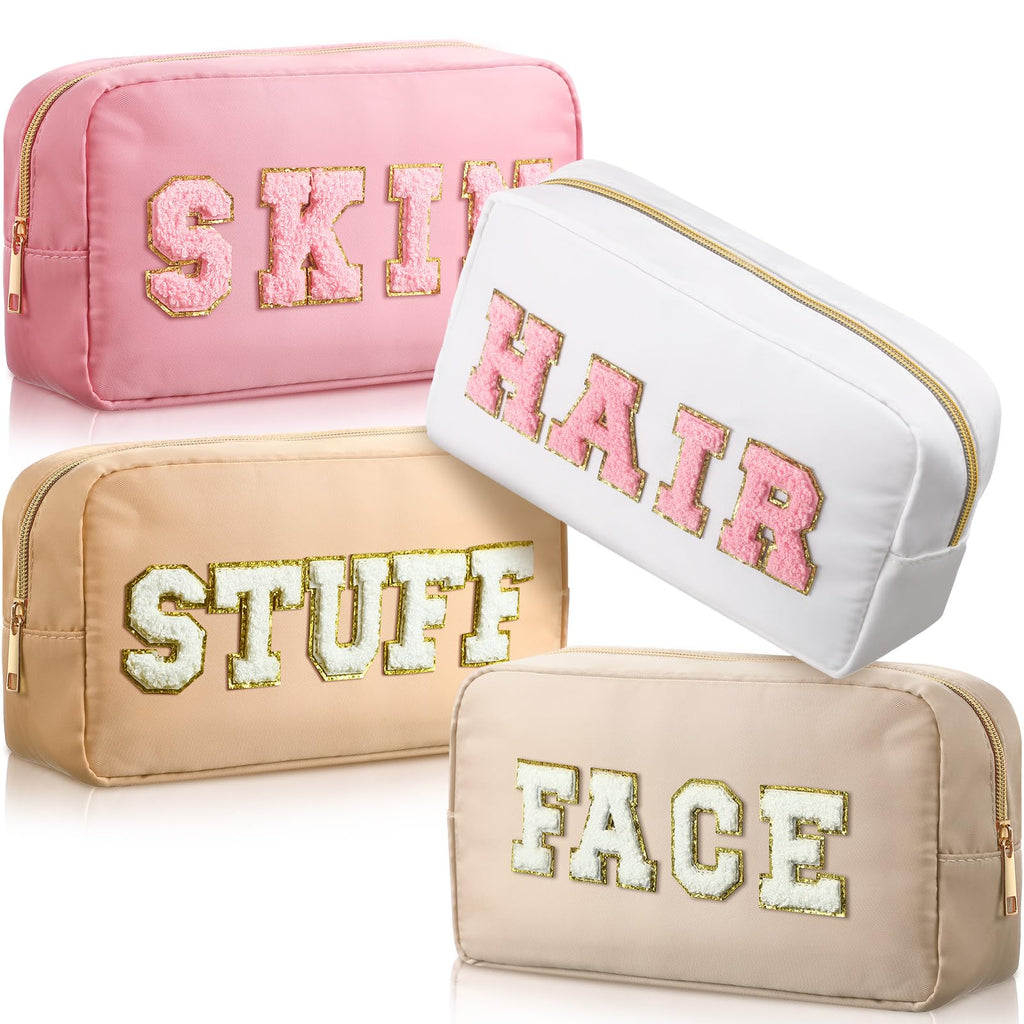 Remerry 4 Pcs Nylon Cosmetic Bag Travel Organizer Chenille Letter Makeup Pouch Zipper Preppy Waterproof Hair Bag Toiletry Pouch 