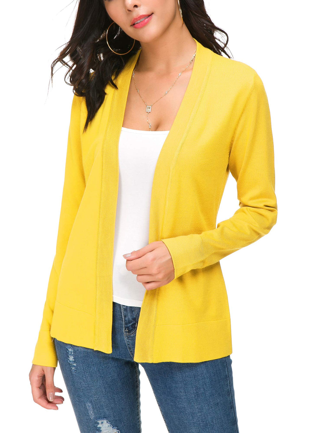 Women's Knit Cardigan Open Front Sweater Coat Long Sleeve (L, Lemon Yellow)