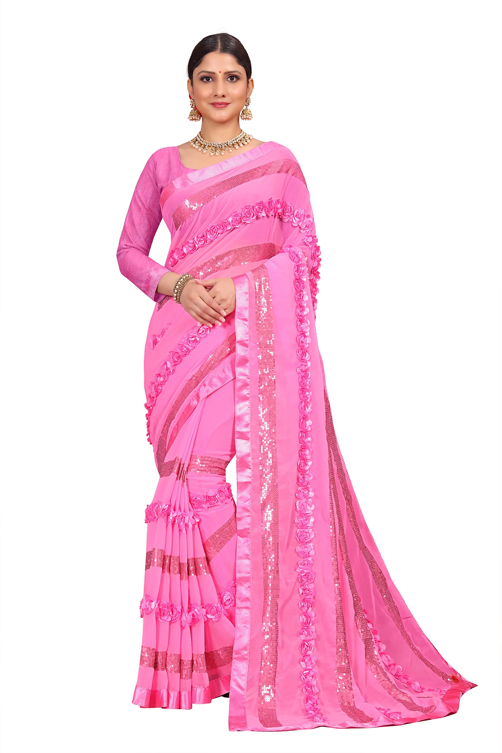 Shasmi Pink Embroidered Embellished Georgette Sari With Blouse Piece Saree For Women Ribbion Sequance Pink