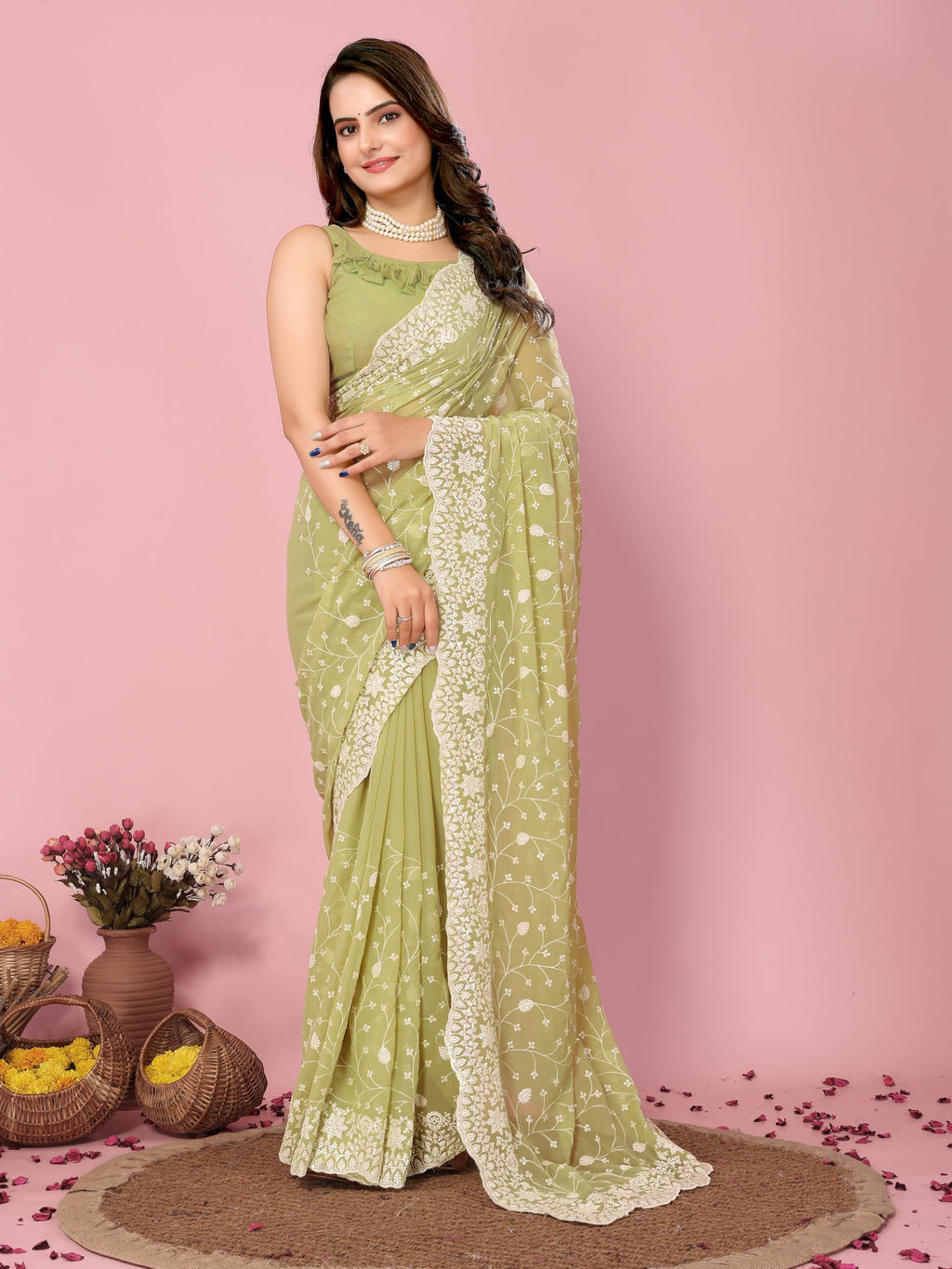 Vairagee Women Soft Georgette Emroidery Saree With Sequence Work Unstitched Blouse (6246)