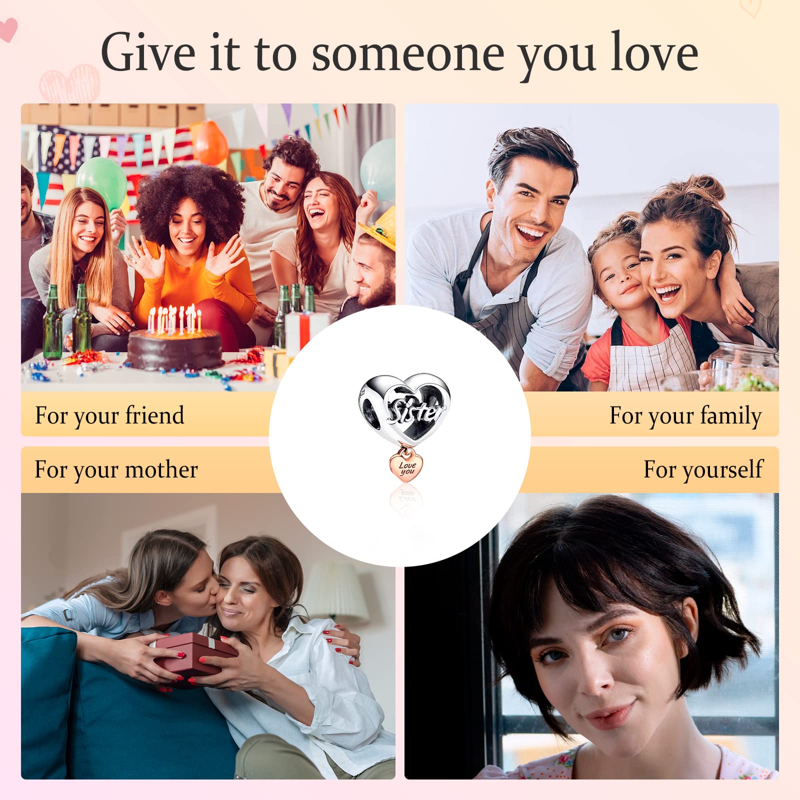 Annmors Forever Sister Love Heart Dangle Charm-925 Sterling Silver Love Sister Dangle fit European Bracelet&Necklace,Christmas H