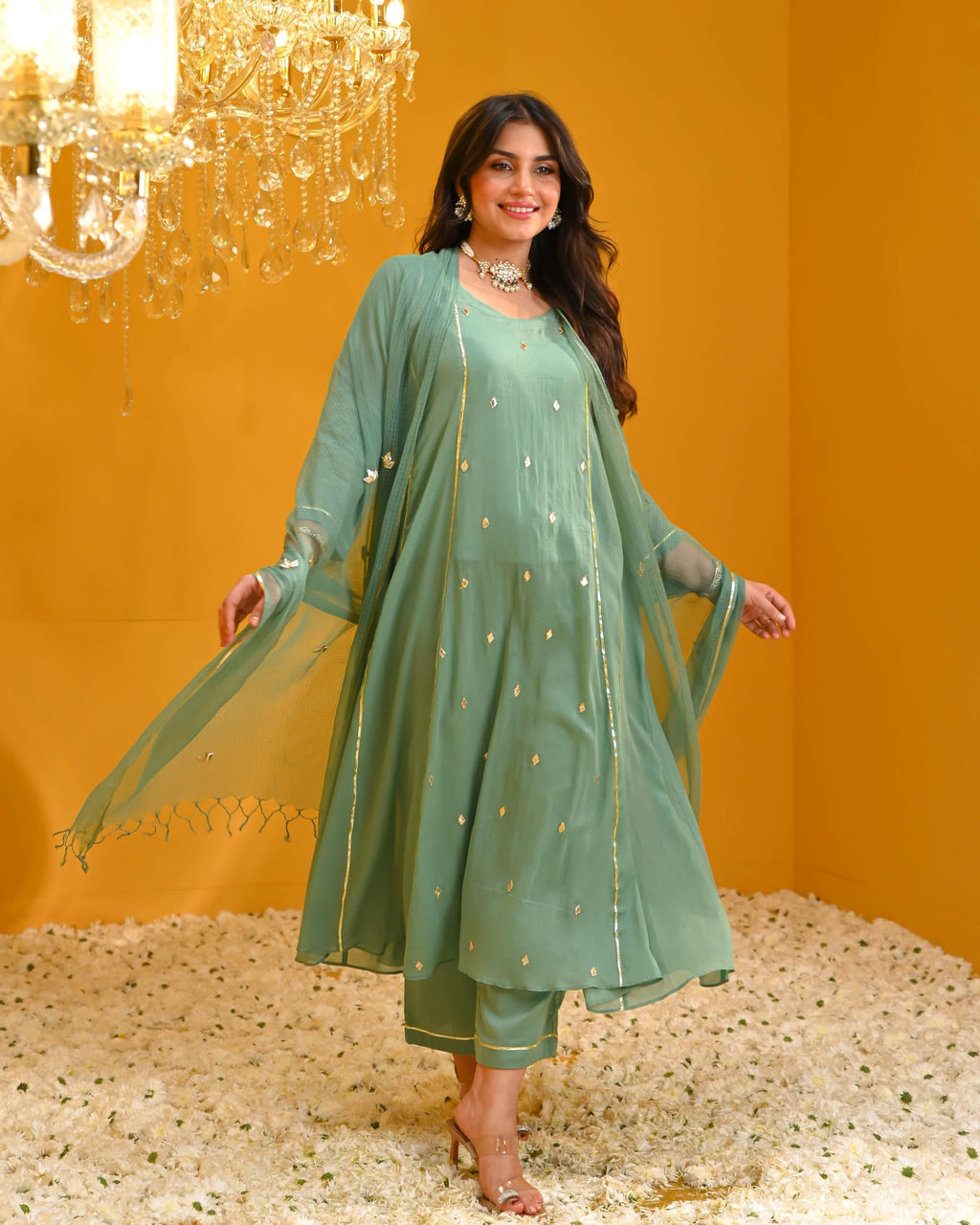 ANNI DESIGNER Womens Rayon Viscose Embellished Anarkali Kurta with Pant & Dupatta (Tapuram Green_L_Green_Large)