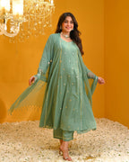ANNI DESIGNER Womens Rayon Viscose Embellished Anarkali Kurta with Pant & Dupatta (Tapuram Green_L_Green_Large)