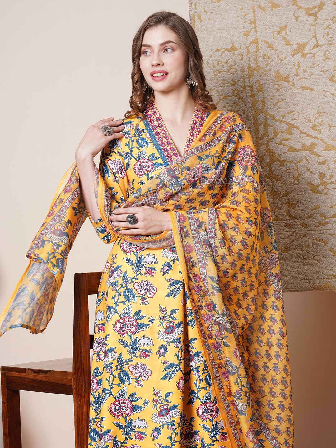 ANNI DESIGNER Women s Rayon Blend Kurta with Pants and Dupatta, Yellow, L