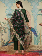 Ishin Green Thread Work Silk Crepe Straight Kurta With Trousers & Dupatta | Kurta Set For Women | Kurta With Trousers And Dupatt