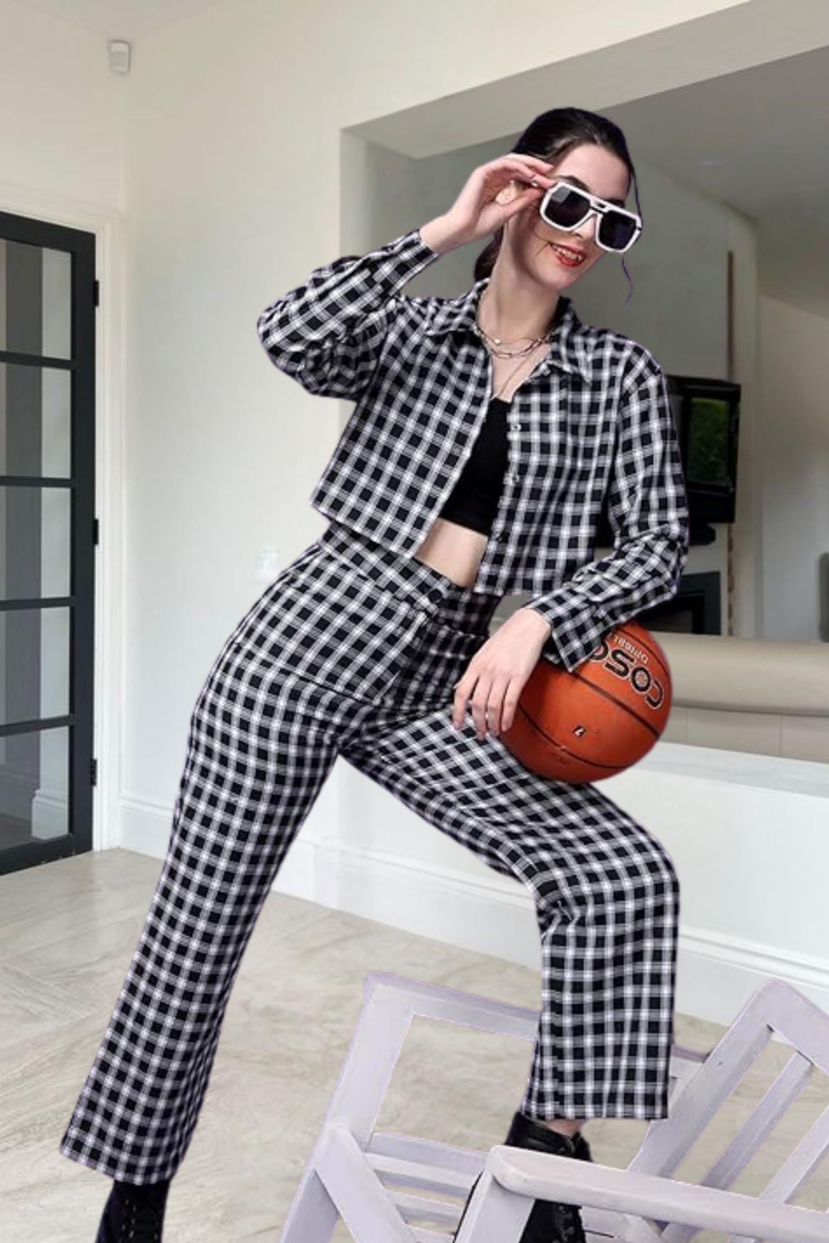 Popwings Casual Checks Print Crop Shirt And Trouser Co-Ord Set For Women | Shirt And Pant Co-Ord Set For Women | Full Sleeves Co