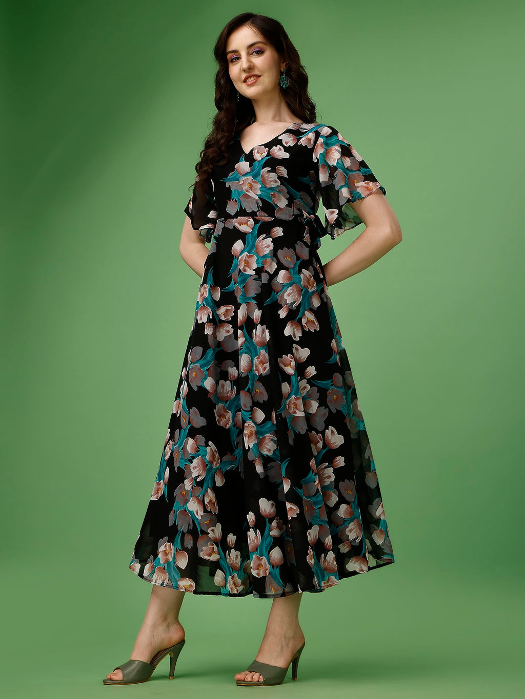 Fashion2Wear WomenS Georgette Midi Dress With V Neck Floral Printed A Line Style Knee Length Half Ruffle Sleeves And Regular Fi