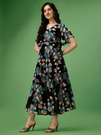 Fashion2Wear WomenS Georgette Midi Dress With V Neck Floral Printed A Line Style Knee Length Half Ruffle Sleeves And Regular Fi