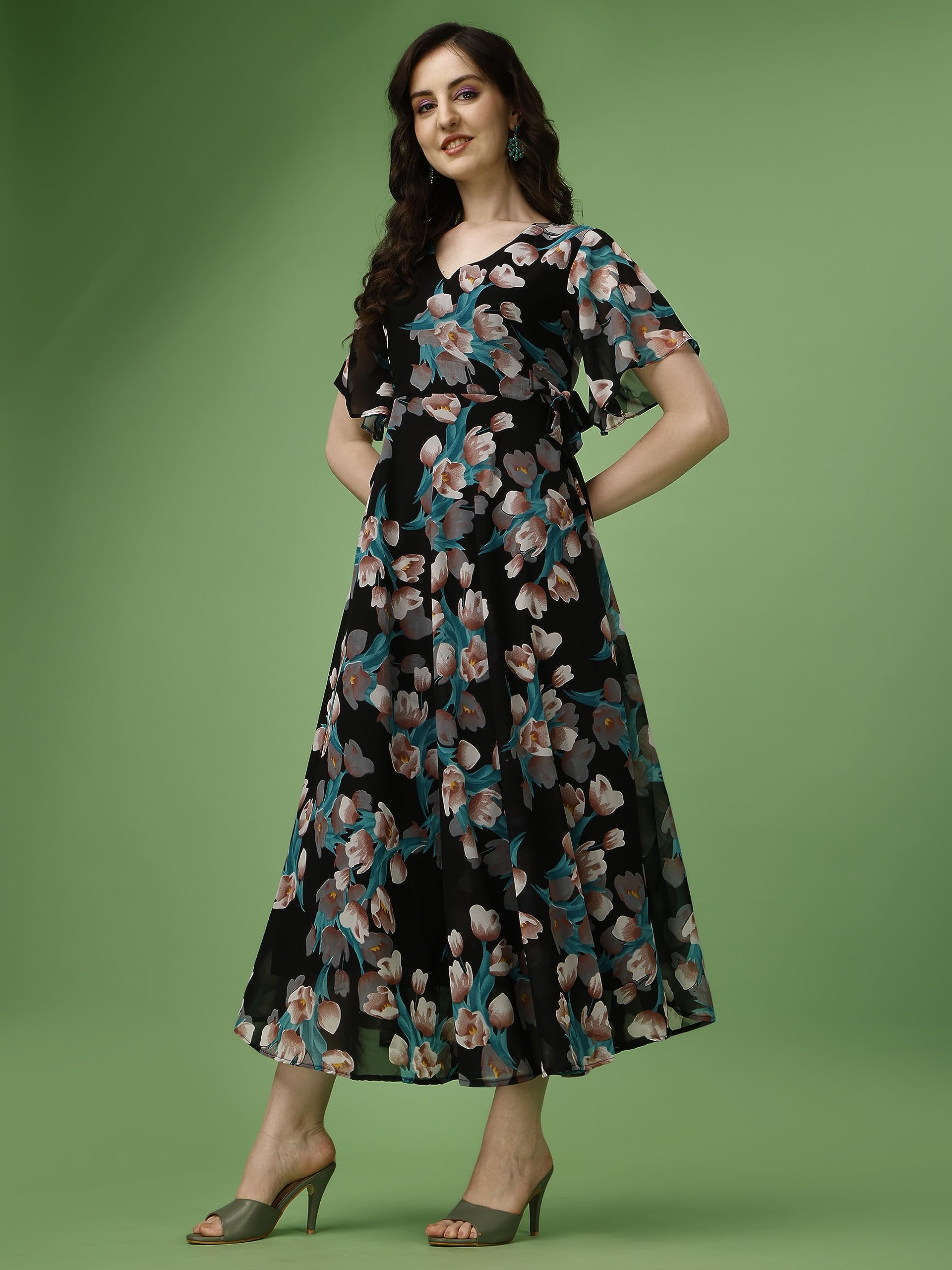 Fashion2Wear WomenS Georgette Midi Dress With V Neck Floral Printed A Line Style Knee Length Half Ruffle Sleeves And Regular Fi