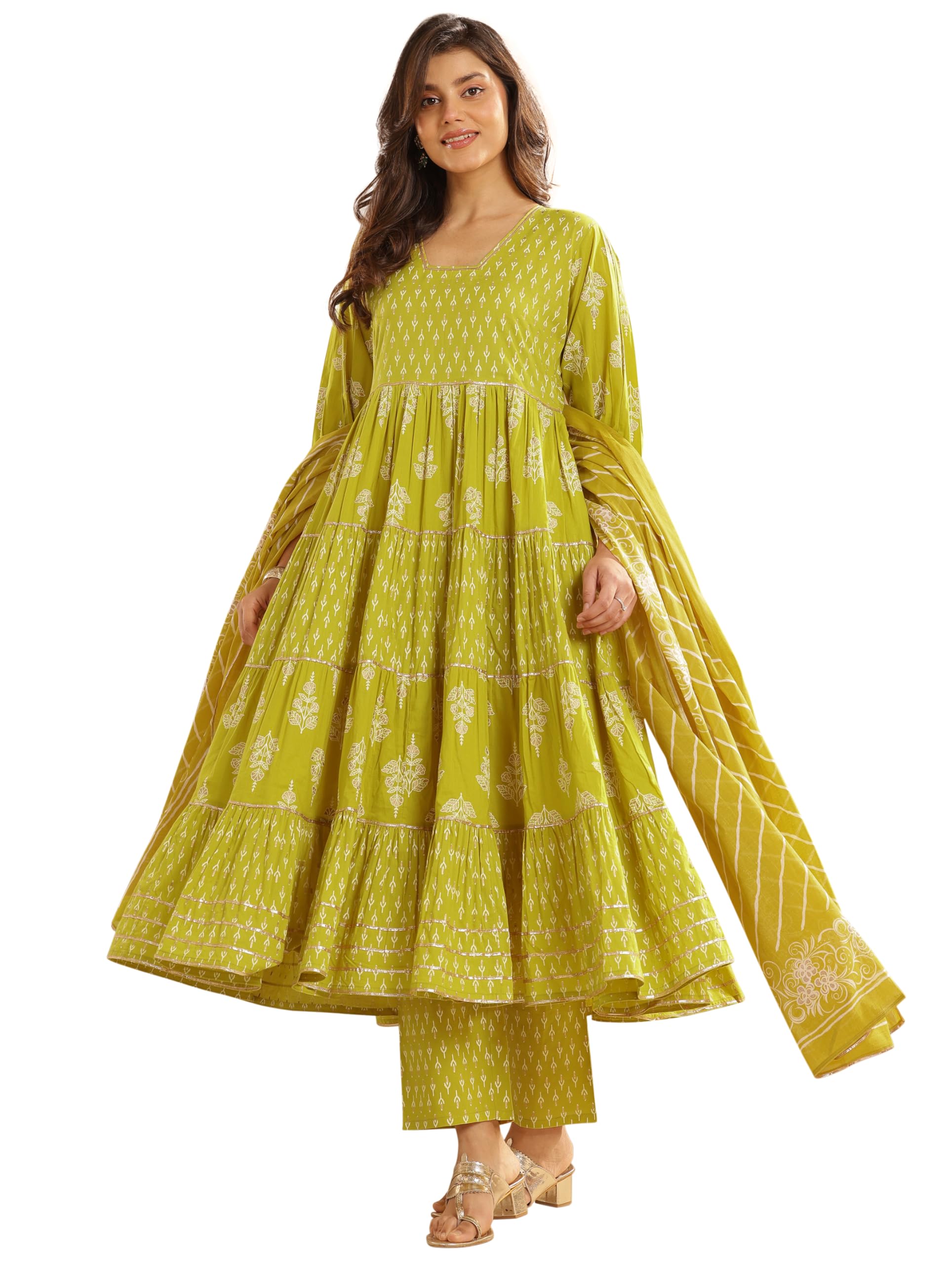 Libasgreen Floral Printed Anarkali Kurta With Trouser And Solid Trouser & Dupatta