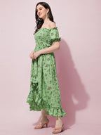 Oomph! Flared Dress For Women Stylish | Long One Piece For Women | Off Shoulder Puff Sleeve Long Dress | Floral Print Maxi One P